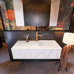 Badkamermeubelset Mondiaz Erin 120 cm met 1 Lade met RIDGE Wastafel Rechts Linen met 1 kraangat Greeploos Mat Carrara