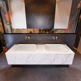 Badkamermeubelset Mondiaz Erin 150 cm met 1 Lade met RIDGE Wastafel Dubbel Linen Zonder Kraangaten Greeploos Mat Carrara