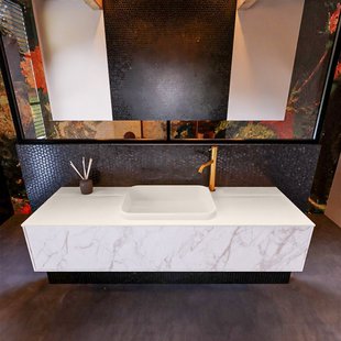 Badkamermeubelset Mondiaz Erin 150 cm met 1 Lade met RIDGE Wastafel Midden Linen met 1 kraangat Greeploos Mat Carrara