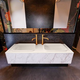 Badkamermeubelset Mondiaz Erin 150 cm met 1 Lade met RIDGE Wastafel Dubbel Linen met 2 kraangaten Greeploos Mat Carrara