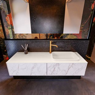 Badkamermeubelset Mondiaz Erin 150 cm met 2 Lades met RIDGE Wastafel Rechts Linen met 1 kraangat Greeploos Mat Carrara