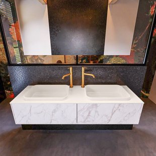 Badkamermeubelset Mondiaz Erin 150 cm met 2 Lades met RIDGE Wastafel Dubbel Linen met 2 kraangaten Greeploos Mat Carrara