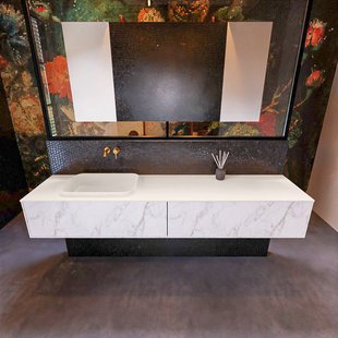 Badkamermeubelset Mondiaz Erin 200 cm met 2 Lades met RIDGE Wastafel Links Linen Zonder Kraangaten Greeploos Mat Carrara