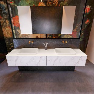 Badkamermeubelset Mondiaz Erin 200 cm met 2 Lades met RIDGE Wastafel Dubbel Linen Zonder Kraangaten Greeploos Mat Carrara