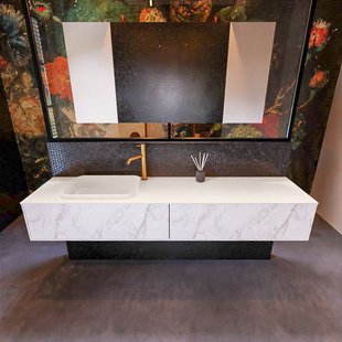 Badkamermeubelset Mondiaz Erin 200 cm met 2 Lades met RIDGE Wastafel Links Linen met 1 kraangat Greeploos Mat Carrara
