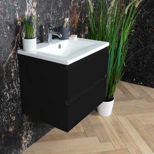 ACTIE BWS Badmeubel | Paris | Mat Zwart 80 cm | Hoogglans Wit Wastafel | 1 Kraangat