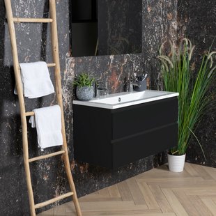 ACTIE BWS Badmeubel | Paris | Mat Zwart 100 cm | Hoogglans Wit Wastafel | 1 of 2 Kraangaten