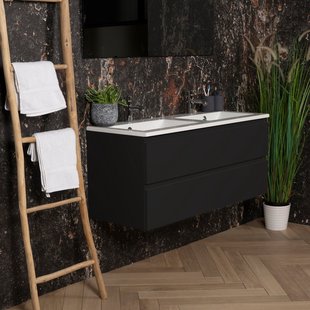 ACTIE BWS Badmeubel | Paris | Mat Zwart 120 cm | Hoogglans Wit Wastafel | 2 Kraangaten