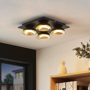 Lindby plafondlamp Erin, 4-lamps, 30 cm, zwart/goud, glas