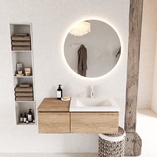 MONDIAZ BUKLA 100cm badmeubel met module 40 kleur Washed Oak met 2 lades. Wastafel CLOUD rechts 1 kraangat kleur Talc.