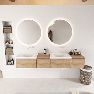 MONDIAZ BUKLA 200cm badmeubel met module 40 links kleur Washed Oak met 4 lades. Wastafel CLOUD dubbel 0 kraangaten kleur Talc.