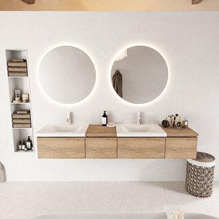 MONDIAZ BUKLA 200cm badmeubel met module 40 links kleur Washed Oak met 4 lades. Wastafel CLOUD dubbel 2 kraangaten kleur Talc.