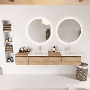 MONDIAZ BUKLA 200cm badmeubel met module 40 rechts kleur Washed Oak met 4 lades. Wastafel CLOUD dubbel 2 kraangaten kleur Talc.