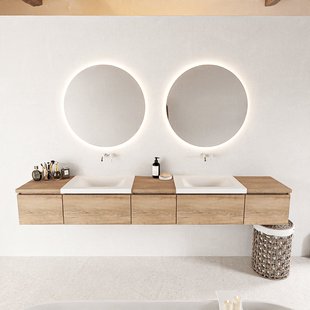 MONDIAZ BUKLA 240cm badmeubel met module 40 kleur Washed Oak met 5 lades. Wastafel CLOUD dubbel 0 kraangaten kleur Talc.