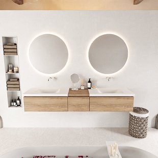 MONDIAZ BUKLA 200cm badmeubel met module 40 kleur Washed Oak met 3 lades. Wastafel CLOUD dubbel 0 kraangaten kleur Talc.