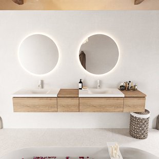 MONDIAZ BUKLA 240cm badmeubel met module 40 links kleur Washed Oak met 4 lades. Wastafel CLOUD dubbel 2 kraangaten kleur Talc.