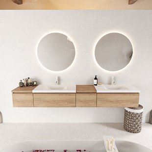 MONDIAZ BUKLA 240cm badmeubel met module 40 rechts kleur Washed Oak met 4 lades. Wastafel CLOUD dubbel 2 kraangaten kleur Talc.