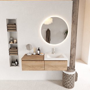 MONDIAZ BUKLA 120cm badmeubel met module 60 kleur Washed Oak met 2 lades. Wastafel CLOUD rechts 1 kraangat kleur Talc.