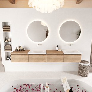 MONDIAZ BUKLA 240cm badmeubel met module 60 links kleur Washed Oak met 4 lades. Wastafel CLOUD dubbel 0 kraangaten kleur Talc.