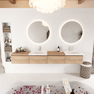 MONDIAZ BUKLA 240cm badmeubel met module 60 links kleur Washed Oak met 4 lades. Wastafel CLOUD dubbel 2 kraangaten kleur Talc.