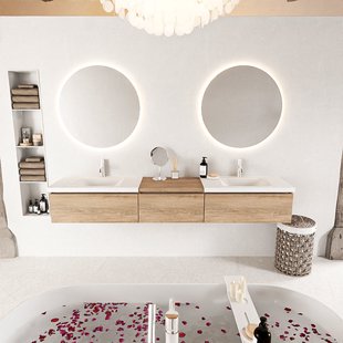 MONDIAZ BUKLA 220cm badmeubel met module 60 kleur Washed Oak met 3 lades. Wastafel CLOUD dubbel 2 kraangaten kleur Talc.