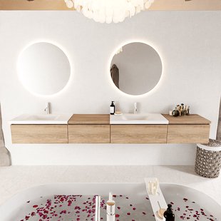 MONDIAZ BUKLA 280cm badmeubel met module 60 links kleur Washed Oak met 4 lades. Wastafel CLOUD dubbel 2 kraangaten kleur Talc.