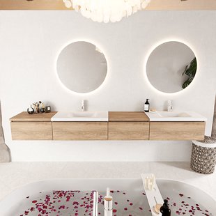 MONDIAZ BUKLA 280cm badmeubel met module 60 rechts kleur Washed Oak met 4 lades. Wastafel CLOUD dubbel 2 kraangaten kleur Talc.