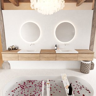 MONDIAZ BUKLA 340cm badmeubel met module 60 kleur Washed Oak met 5 lades. Wastafel CLOUD dubbel 0 kraangaten kleur Talc.