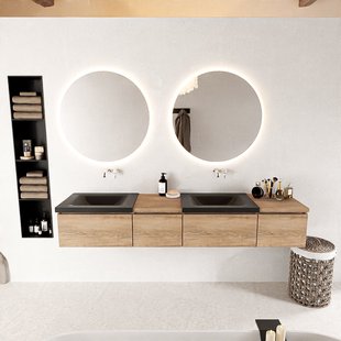 MONDIAZ BUKLA 200cm badmeubel met module 40 links kleur Washed Oak met 4 lades. Wastafel CLOUD dubbel 0 kraangaten kleur Urban.