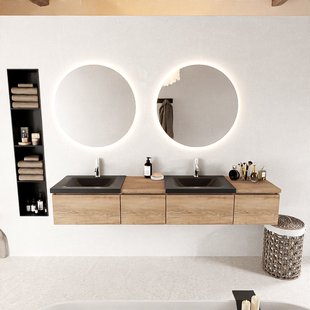 MONDIAZ BUKLA 200cm badmeubel met module 40 links kleur Washed Oak met 4 lades. Wastafel CLOUD dubbel 2 kraangaten kleur Urban.