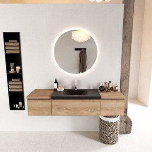 MONDIAZ BUKLA 160cm badmeubel met module 40 kleur Washed Oak met 3 lades. Wastafel CLOUD midden 1 kraangat kleur Urban.