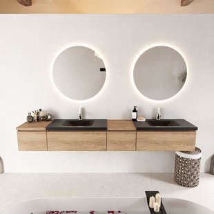 MONDIAZ BUKLA 240cm badmeubel met module 40 rechts kleur Washed Oak met 4 lades. Wastafel CLOUD dubbel 2 kraangaten kleur Urban.