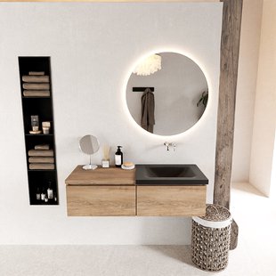 MONDIAZ BUKLA 120cm badmeubel met module 60 kleur Washed Oak met 2 lades. Wastafel CLOUD rechts 0 kraangaten kleur Urban.