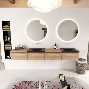 MONDIAZ BUKLA 240cm badmeubel met module 60 links kleur Washed Oak met 4 lades. Wastafel CLOUD dubbel 0 kraangaten kleur Urban.