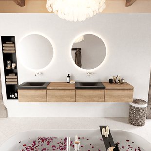 MONDIAZ BUKLA 240cm badmeubel met module 60 rechts kleur Washed Oak met 4 lades. Wastafel CLOUD dubbel 0 kraangaten kleur Urban.