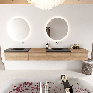 MONDIAZ BUKLA 280cm badmeubel met module 60 links kleur Washed Oak met 4 lades. Wastafel CLOUD dubbel 0 kraangaten kleur Urban.