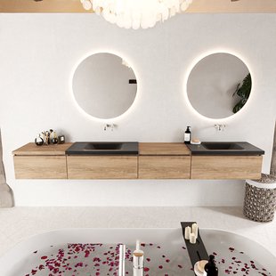 MONDIAZ BUKLA 280cm badmeubel met module 60 rechts kleur Washed Oak met 4 lades. Wastafel CLOUD dubbel 0 kraangaten kleur Urban.