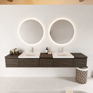 MONDIAZ BUKLA 240cm badmeubel met module 40 kleur Dark Brown met 5 lades. Wastafel CLOUD dubbel 2 kraangaten kleur Talc.