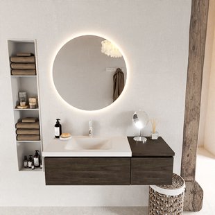 MONDIAZ BUKLA 120cm badmeubel met module 40 kleur Dark Brown met 2 lades. Wastafel CLOUD links 1 kraangat kleur Talc.