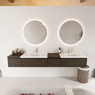 MONDIAZ BUKLA 240cm badmeubel met module 40 rechts kleur Dark Brown met 4 lades. Wastafel CLOUD dubbel 2 kraangaten kleur Talc.