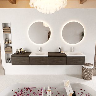 MONDIAZ BUKLA 240cm badmeubel met module 60 links kleur Dark Brown met 4 lades. Wastafel CLOUD dubbel 2 kraangaten kleur Talc.