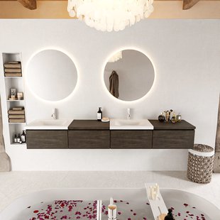 MONDIAZ BUKLA 240cm badmeubel met module 60 rechts kleur Dark Brown met 4 lades. Wastafel CLOUD dubbel 2 kraangaten kleur Talc.