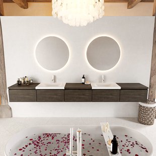 MONDIAZ BUKLA 300cm badmeubel met module 60 kleur Dark Brown met 5 lades. Wastafel CLOUD dubbel 2 kraangaten kleur Talc.