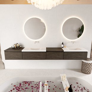 MONDIAZ BUKLA 280cm badmeubel met module 60 rechts kleur Dark Brown met 4 lades. Wastafel CLOUD dubbel 0 kraangaten kleur Talc.