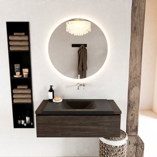 MONDIAZ BUKLA 100cm badmeubel onderkast kleur Dark Brown met 1 lade. Wastafel CLOUD midden 0 kraangaten kleur Urban.