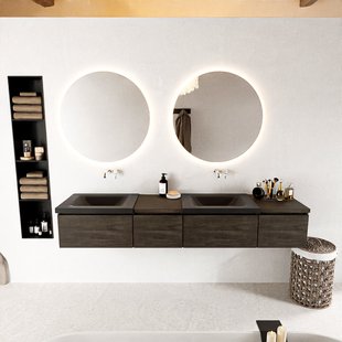 MONDIAZ BUKLA 200cm badmeubel met module 40 links kleur Dark Brown met 4 lades. Wastafel CLOUD dubbel 0 kraangaten kleur Urban.