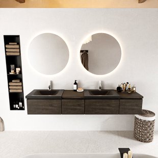 MONDIAZ BUKLA 200cm badmeubel met module 40 links kleur Dark Brown met 4 lades. Wastafel CLOUD dubbel 2 kraangaten kleur Urban.