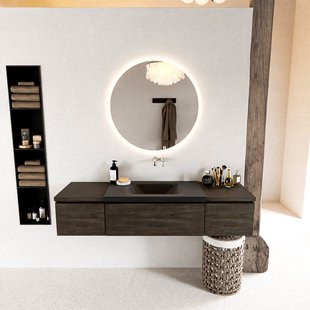 MONDIAZ BUKLA 160cm badmeubel met module 40 kleur Dark Brown met 3 lades. Wastafel CLOUD midden 0 kraangaten kleur Urban.