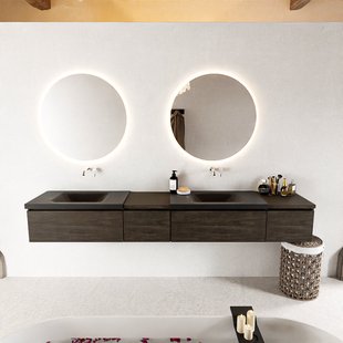 MONDIAZ BUKLA 240cm badmeubel met module 40 links kleur Dark Brown met 4 lades. Wastafel CLOUD dubbel 0 kraangaten kleur Urban.