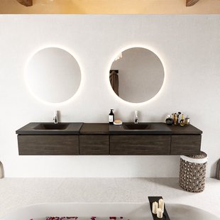 MONDIAZ BUKLA 240cm badmeubel met module 40 links kleur Dark Brown met 4 lades. Wastafel CLOUD dubbel 2 kraangaten kleur Urban.